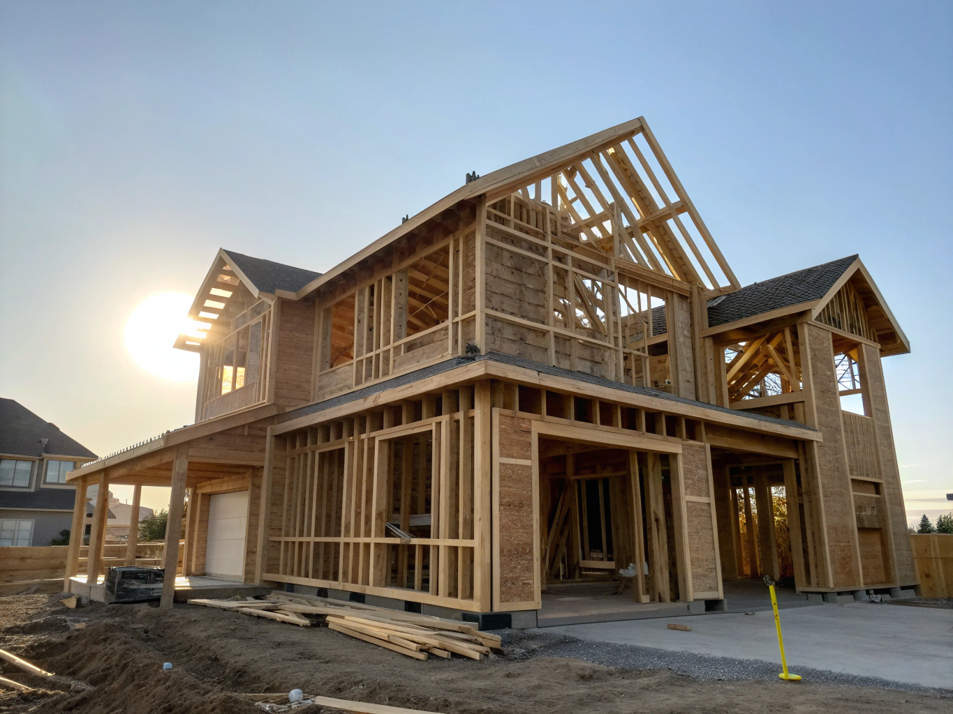 Modern two-story residential home in the framing construction stage