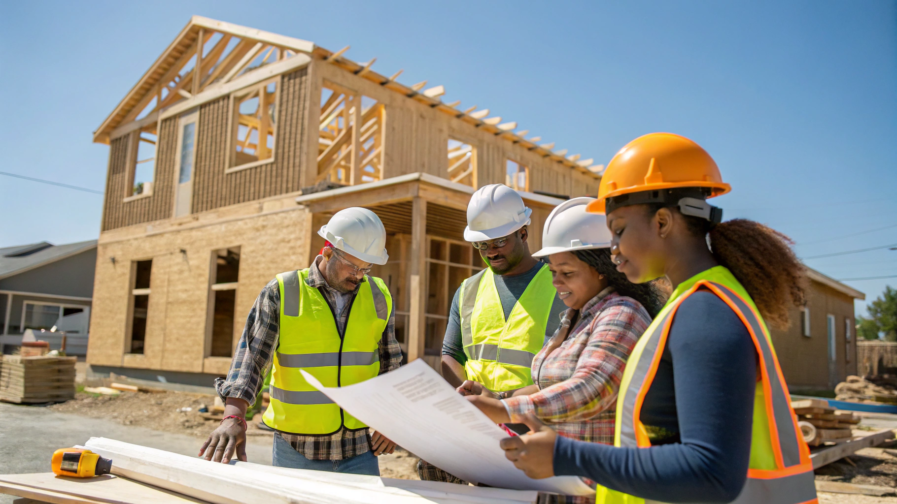 Professional blueprints and safety gear on a construction site